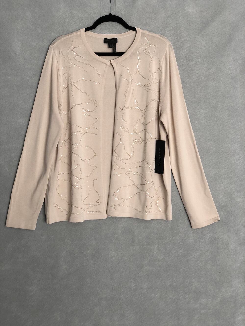 Donna Karan Floral Jacquard Cardigan Long Sleeve in Sand Women's XL NEW